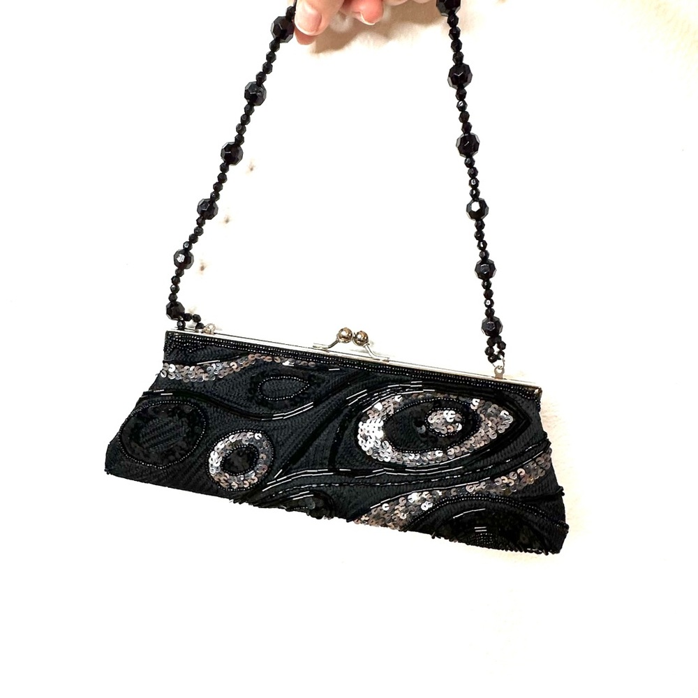 Small Beaded & Sequined Evening Clutch Purse Black and Silver Party Formal Prom